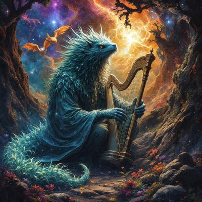 The primary subject of the image is a blue, fuzzy, and long-haired creature, possibly a cat or a dragon, sitting on the ground and holding a harp. The setting is a forest, with trees and a sky visible in the background. The visual style is a digital art or illustration, creating a whimsical and fantastical atmosphere. The dominant colors are blue and green, with the blue creature and the green trees in the background.
